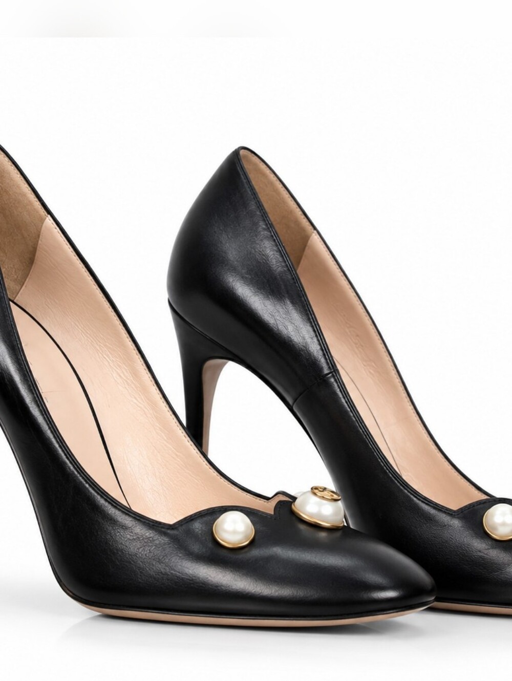 GUCCI Black Leather Pearl Embellished Scallop Pumps Heels Gold GG Logo EU 40 - Picture 4 of 14